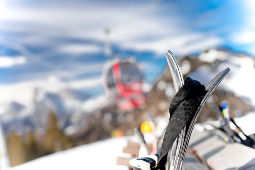 Winter season, mountains and ski equipments in Dolomiti.