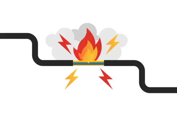 Vector illustration of A banner of a break in an electric cable that causes fire and smoke. Vector illustration