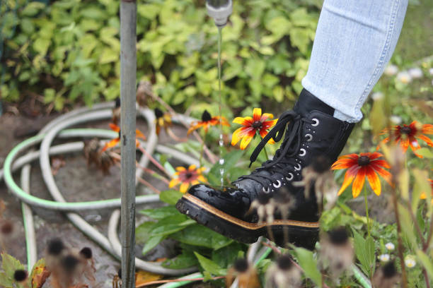 정원에서 수도꼭지 아래에서 검은색 가죽 레이스업 부츠를 씻는 여자. 신발에 물방울이 떨어집니다. 다리는 청바지와 부츠를 착용합니다. 정원 꽃 - bootes 뉴스 사진 이미지