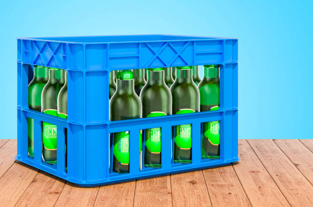 istock Crate with beer bottles on the wooden table, 3D rendering 1455096765
