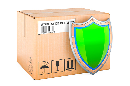 Parcel with shield. Safety delivery concept, 3D rendering isolated on white background