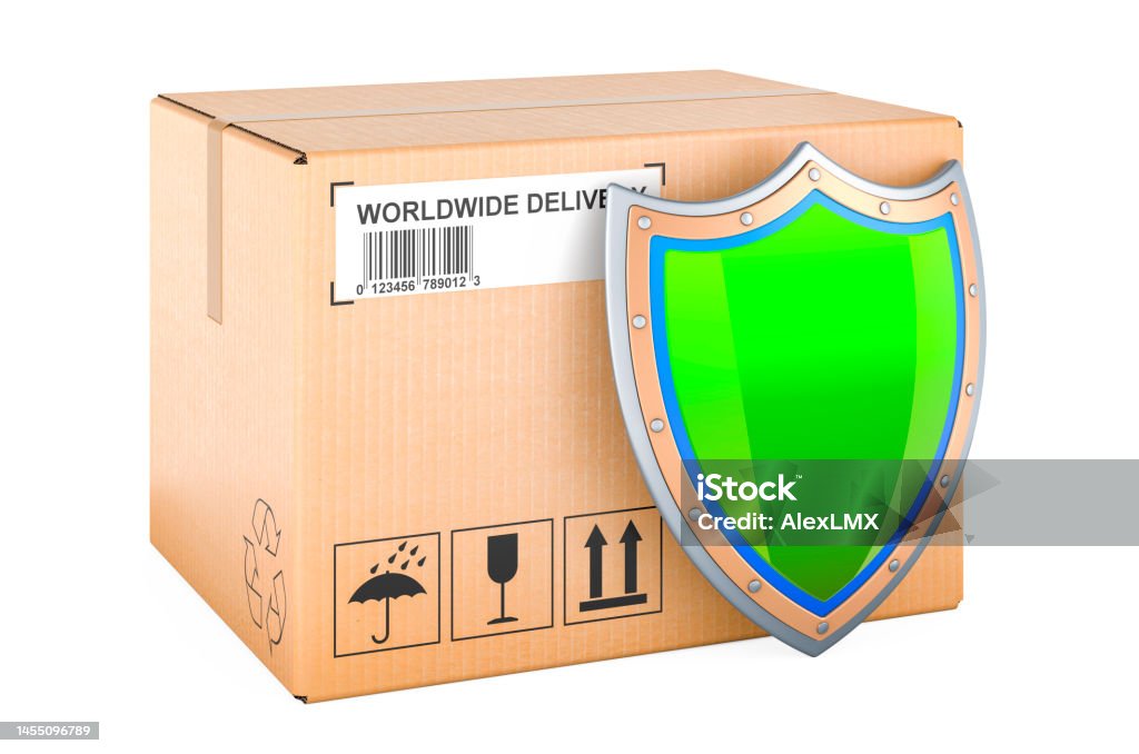 Parcel with shield. Safety delivery concept, 3D rendering Parcel with shield. Safety delivery concept, 3D rendering isolated on white background Cargo Container Stock Photo