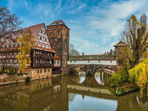 The Weinstadl, wasserturm water tower and Henkerbrücke on the River Pegnitz, Nuremberg, Germany.tif