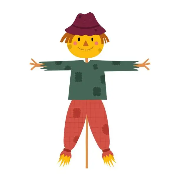 Vector illustration of Cute scarecrow in cartoon style. Happy farm character
