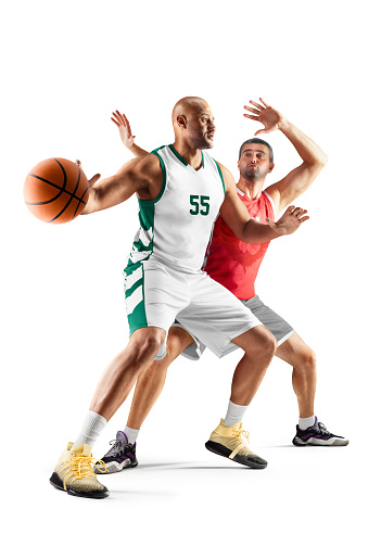 Basketball. Fight for the ball. Two basketball player in motion and action. Sport emotion. Isolated in white
