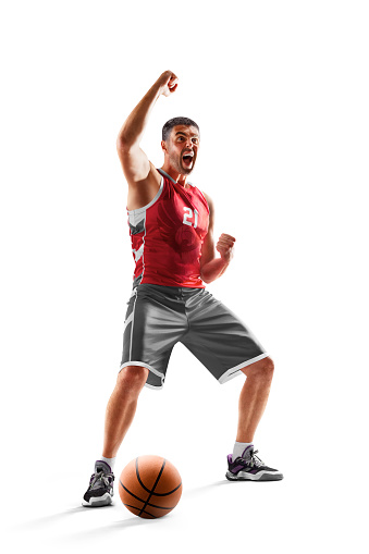 Sport emotion. Victory. Basketball. Basketball player in action. Isolated in white