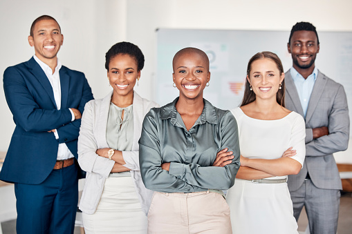 Business team portrait, people smile in professional office and global company diversity in Toronto boardroom. Black woman in leadership career, happy corporate staff together\nand group success