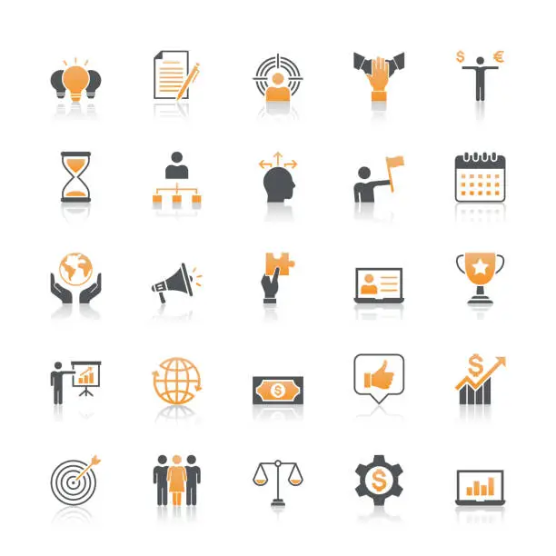 Vector illustration of Business icons with reflect on white background.