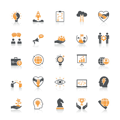 Business Startup icons with reflect on white background.