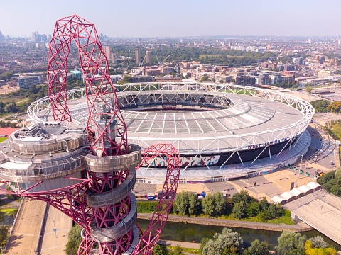 London, United Kingdom – September 07, 2021: An aerial shot of the West Ham London Stadium with the surroundings