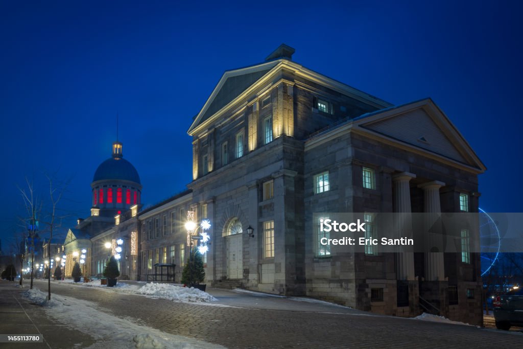 Montreal, bonsecours market at night in the old port. Architectural Dome Stock Photo