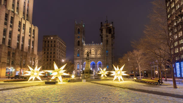 Montreal, winter decorations of the Place d'Armes in front of Notre-Dame Cathedral, Montreal, winter decorations of the Place d'Armes in front of Notre-Dame Cathedral, place darmes montreal stock pictures, royalty-free photos & images