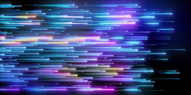 istock 3d render, abstract neon background. Pink blue glowing lines, speed of light, meteor shower. Digital wallpaper 1455116717