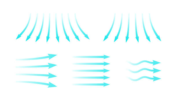 공기 흐름. 공기 이동 방향을 보여주는 파란색 화살표 집합입니다. 바람 방향 화살표. 컨디셔너에서 푸른 차가운 신선한 스트림. 흰색 배경에 고립된 벡터 일러스트 레이 션 - air flow stock illustrations