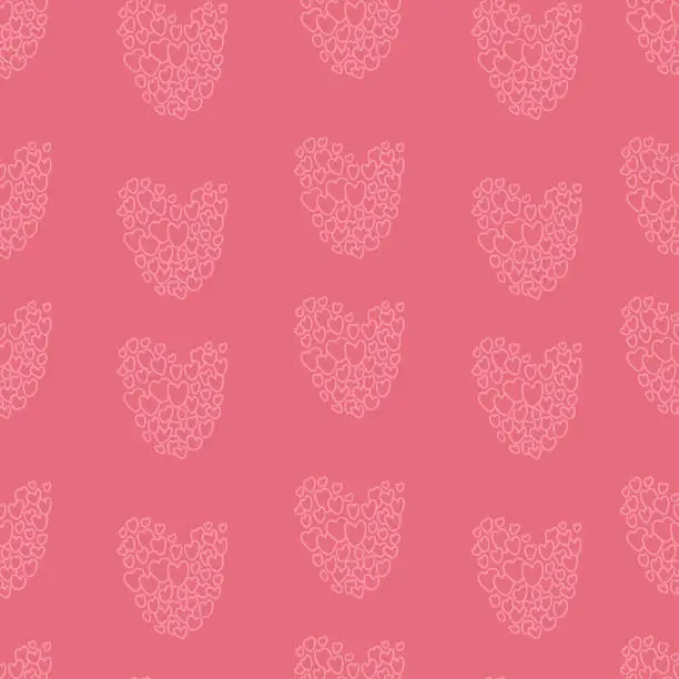 Vector illustration of Seamless pattern of hearts on pink background. Vector illustration in linear doodle style. Endless romantic background for valentines, wallpapers, packaging, print.