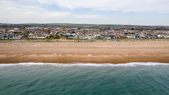 Aerial photography of sandy beach in Shoreham-by-Sea, England, UK
