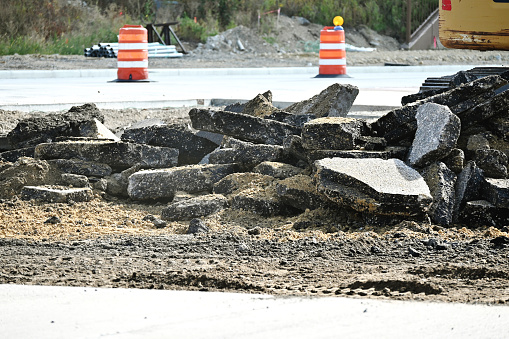 Asphalt rubble at site of street reconstruction project.