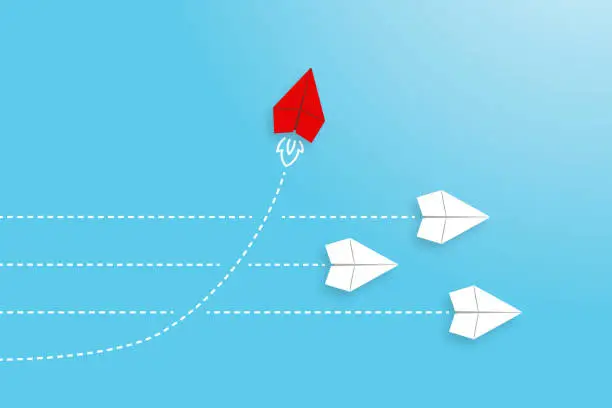 Vector illustration of Change concepts with red paper airplane leading among white