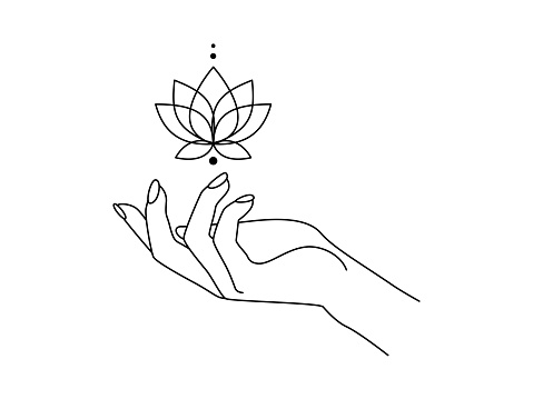 Magic hand with sacred lotus flower line art. Alchemy spiritual tribal symbol for emblem yoga wellness and meditation school. Esoteric and mystical design element. Contour Vector illustration.