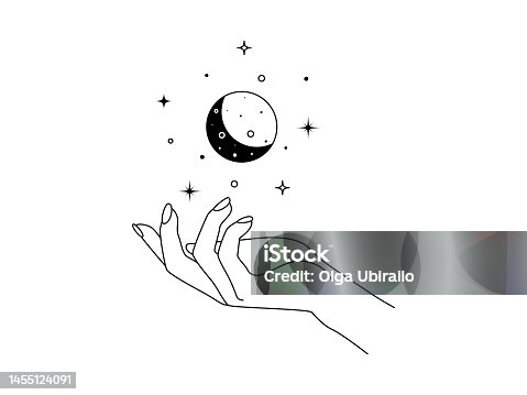 istock Magic hands with moon phases in trendy linear style. Logo and icons design template for cosmetics and packaging branding name. Doodle vector illustration 1455124091