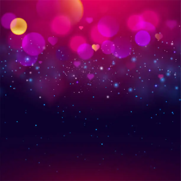 Vector illustration of Adstract purple background with hearts and bokeh. Vector illustration