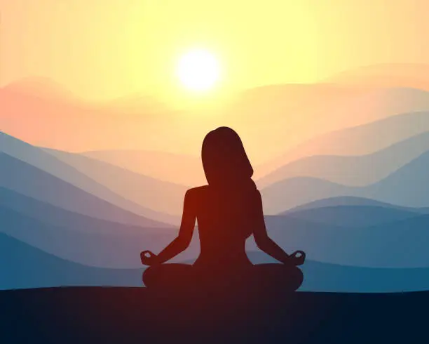 Vector illustration of Woman meditating in sitting yoga position on the top of a mountains. Concept illustration for yoga, meditation, relax, recreation, healthy lifestyle.