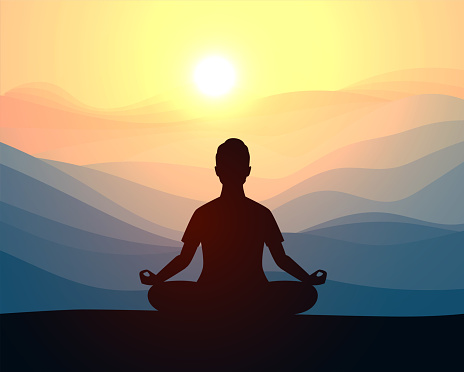 Man meditating in sitting yoga position on the top of a mountains. Concept illustration for yoga, meditation, relax, recreation, healthy lifestyle.