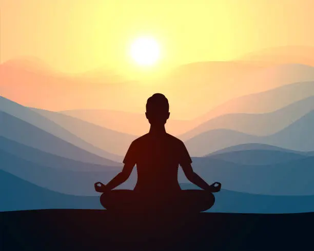 Vector illustration of Man meditating in sitting yoga position on the top of a mountains