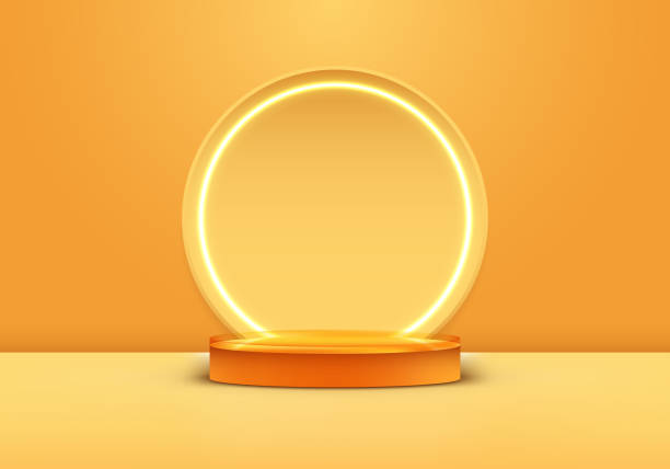 istock 3D realistic products display yellow podium stand pedestal with neon light circle backdrop on yellow studio room background 1455127354