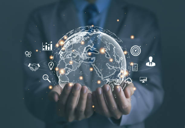 istock Businessman Hand Showing Global Icon Big Data Digital Link Technology. Achievement global 1455130088