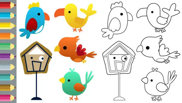 Vector illustration of Vector cartoon set of funny birds with it cage, coloring book or page