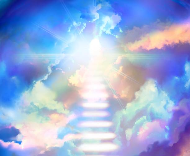 istock Illustration of a mysterious cloud staircase leading to the heavens and divine light shining from the heavens 1455135497