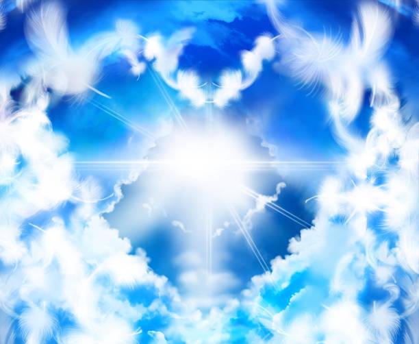 ilustraciones, imágenes clip art, dibujos animados e iconos de stock de un paisaje de cielo azul afortunado ilustra una marca de corazón con nubes blancas y alas de ángel que predicen el cumplimiento del amor y un futuro afortunado. - escalera hacia el cielo