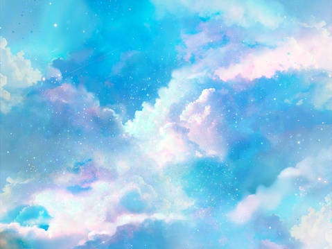 Clip art of fantasy background of colorful starry light blue  color night sky and sea of clouds