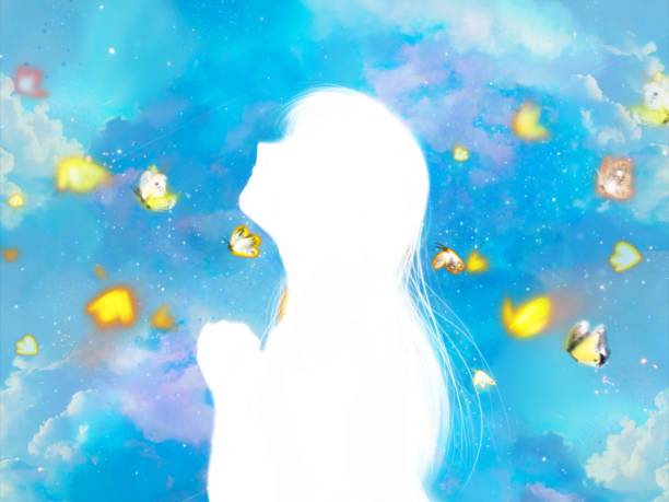 青い雲海の背景に蝶が両手を合わせて神に祈る横顔の少女のシルエットと、青い雲海の背景に飛ぶ蝶の不思議なイラスト。 - 奇跡点のイラスト素材／クリップアート素材／マンガ素材／アイコン素材