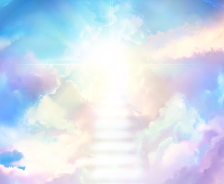 Illustration of a mysterious cloud staircase leading to the heavens and divine light shining from the heavens