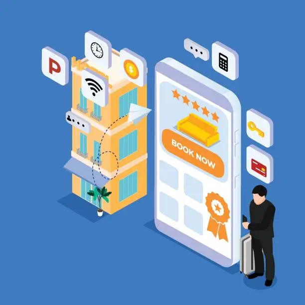 Vector illustration of Businessman booking a hotel room on a trip isometric 3d