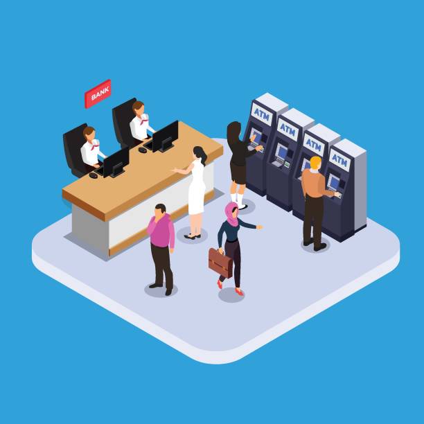 Arbeiter und Kunden in Bankfilialen mit Geldautomaten isometrisch 3d – Vektorgrafik