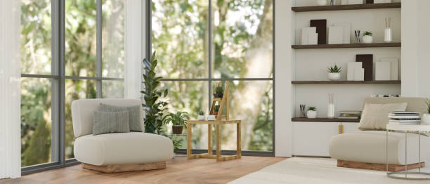 istock Modern cozy luxury home living room interior design with comfortable sofa, side table 1455136824
