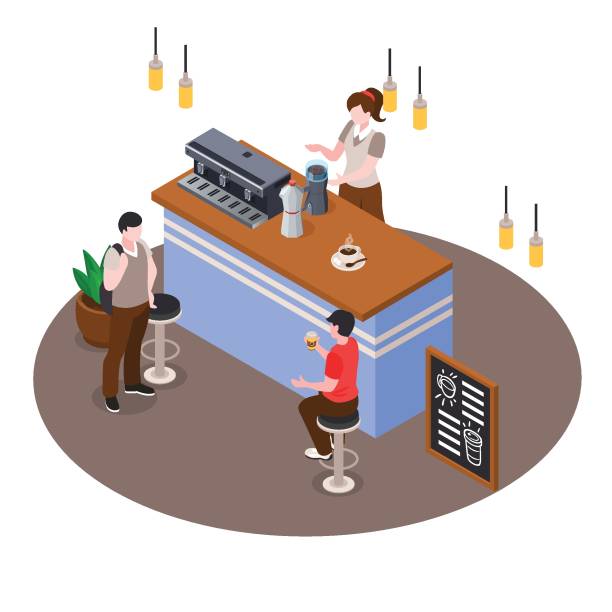 ilustraciones, imágenes clip art, dibujos animados e iconos de stock de barista prepara café en una cafetería isométrica 3d - isometric people cafe coffee shop