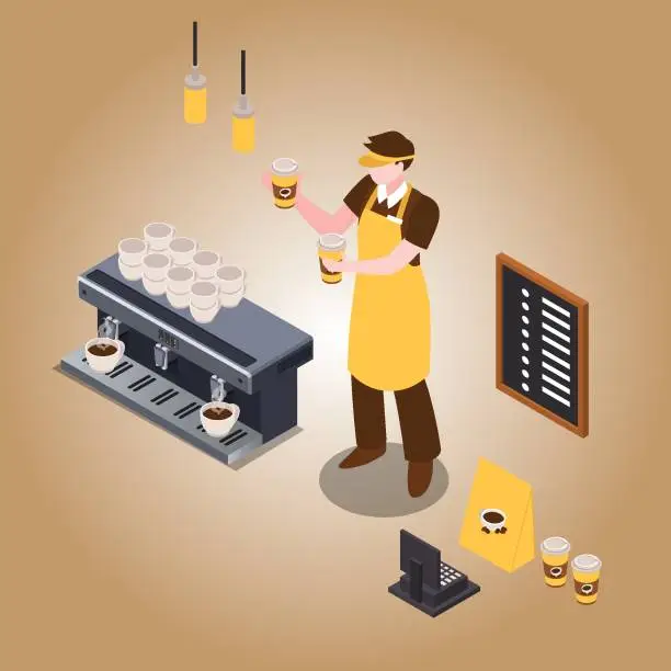 Vector illustration of barista making coffee isometric 3d