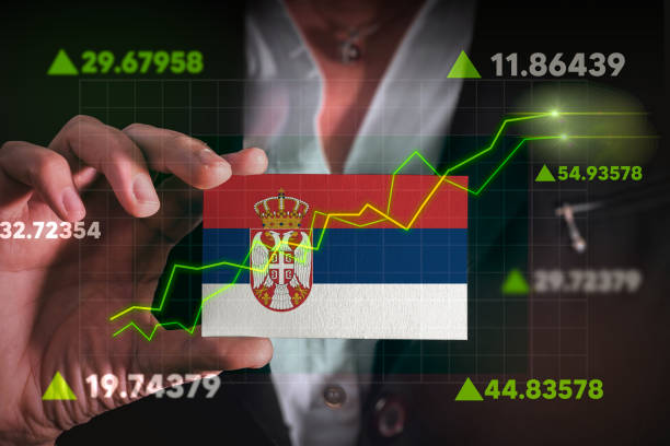 istock Graph growing up in Front Of Serbia Flag. 1455144784