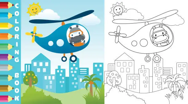 Vector illustration of Vector cartoon of cute hippo on helicopter fly across buildings, coloring page or book with