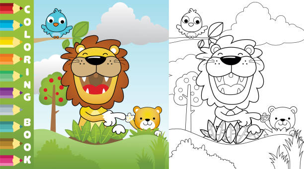 illustrations, cliparts, dessins animés et icônes de illustration vectorielle d’un lion de bande dessinée avec son petit, petit oiseau sur des branches d’arbres, page à colorier ou livre - bush bird tree wood