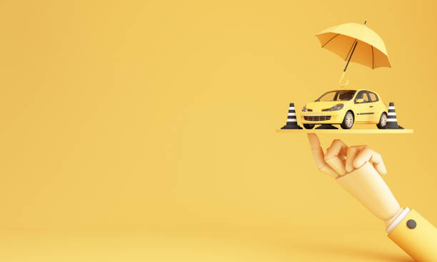 car protection and safety assurance concept, car insurance web banner design. yellow cars under the umbrella with traffic cone and business hand on yellow background. cartoon realistic 3d rendering - car insurance insurance agent damaged imagens e fotografias de stock