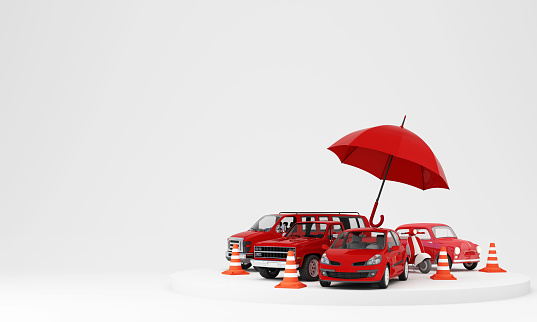 Car protection and safety assurance concept, car insurance web banner design. red automobile cars under the umbrella with traffic cone isolated on white background. cartoon realistic 3d rendering