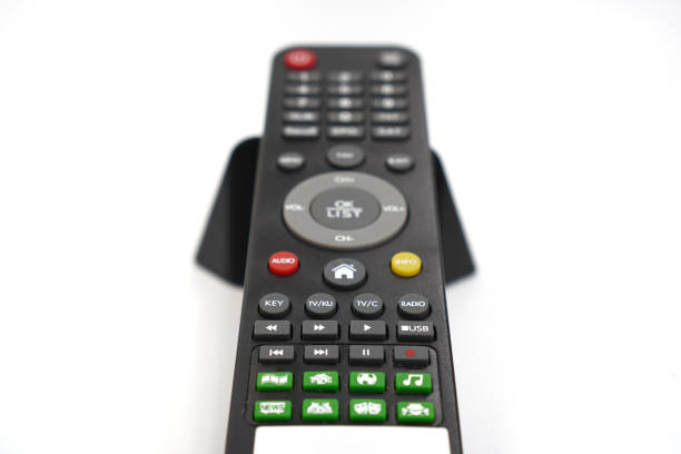 istock Close-up image showing a remote control device for controlling a digital satellite receiver box on a white background. 1455147886