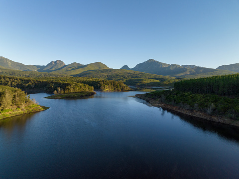 Aerial shot of the Garden Route dam near George early in the morning. Sunlight captures the tops of the pine trees in the forest surrounding the dam.