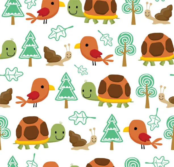 Vector illustration of Vector seamless pattern of funny little animals cartoon with trees. Turtle, birds and snail