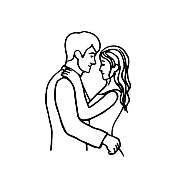 Vector illustration of Man and woman stand hugging facing each other and smiling - hand drawn vector illustration. Doodle Near kiss